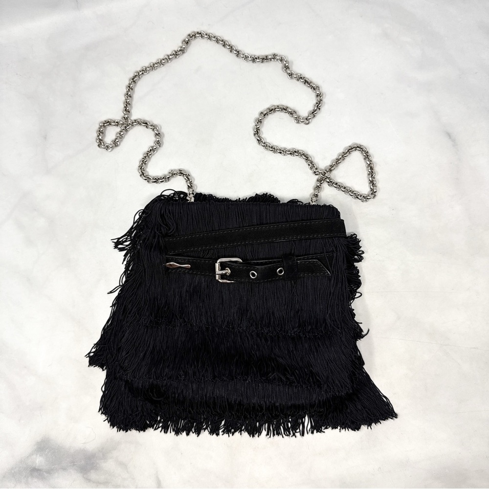 Christian Louboutin Belted Fringe Suede Crossbody Bucket Bag Chain Strap Black